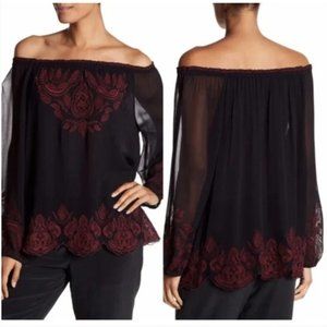 JOIE black red embroidered Ariena boho off-the-shoulder top